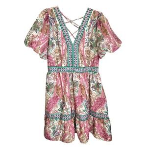 The Sang Paisley Print Lace Up‎ Back Mini Dress Plus Size 2X Puff Sleeve